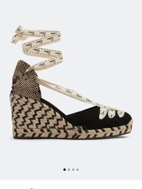 Castaner Black and Natural Wedge Espadrille Sandals with Logo Wrap